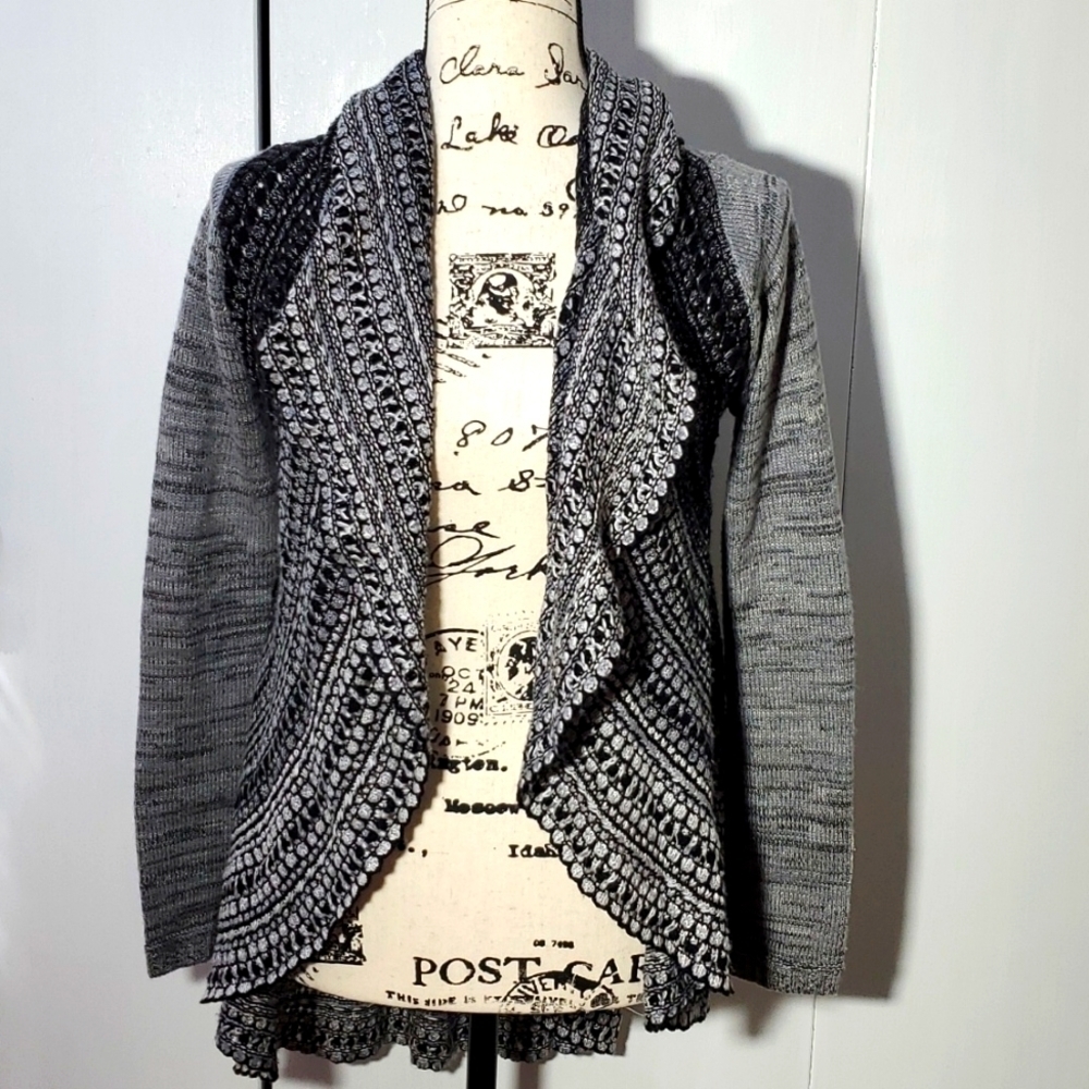 Cupio|Womens Black/Gray Hi-low Open Cardigan Textured Knit Boho Edgy Sz.Small